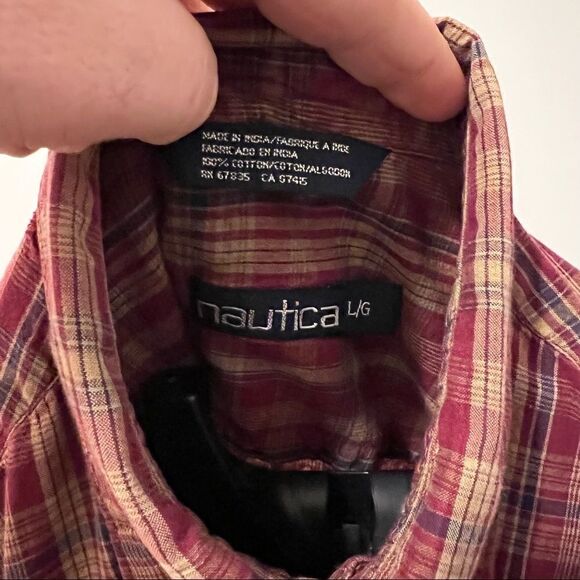 Nautica Size Large Mens Red Checkered Short Sleeve Button Down Shirt - Picture 6 of 6